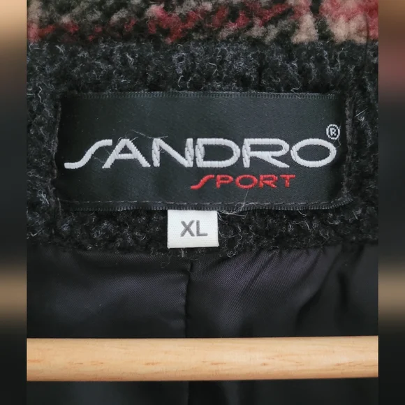 Vtg Sandro Oversized Button Down Teddy Jacket Women's XL, Black, Plaid Collar